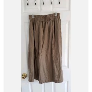 Linenia- Linen Elastic Waist Midi Skirt Earth Brown